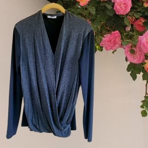 Comfortable Flattering Sz L Grey Black V Neck Drape Front ZARA W/B COLLECTION